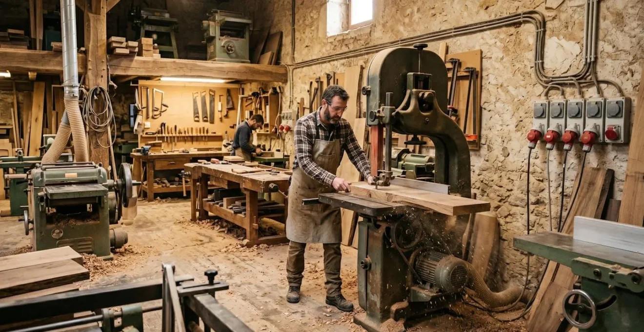 Vue d'ensemble d'un atelier de menuiserie avec machines triphasées en fonctionnement et un opérateur au travail