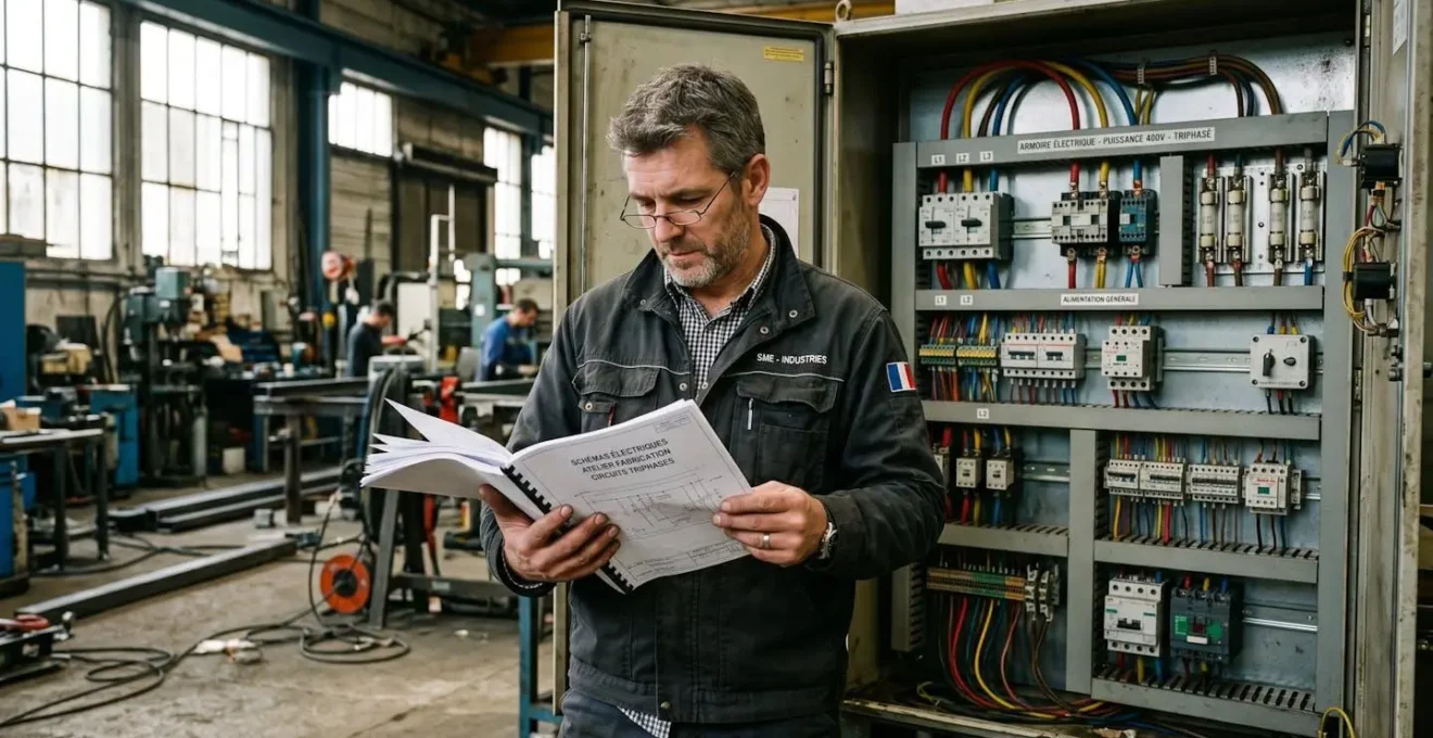 Dirigeant d'une PME industrielle consultant son tableau électrique triphasé dans un atelier de production