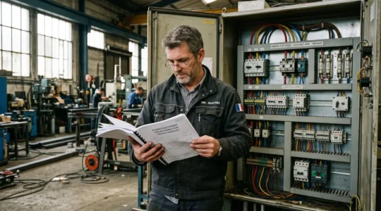 Dirigeant d'une PME industrielle consultant son tableau électrique triphasé dans un atelier de production