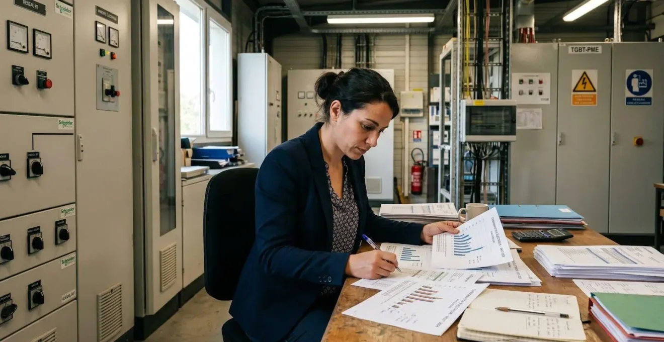 Ingénieur énergétique analysant des données de consommation électrique sur des documents dans une salle technique de PME