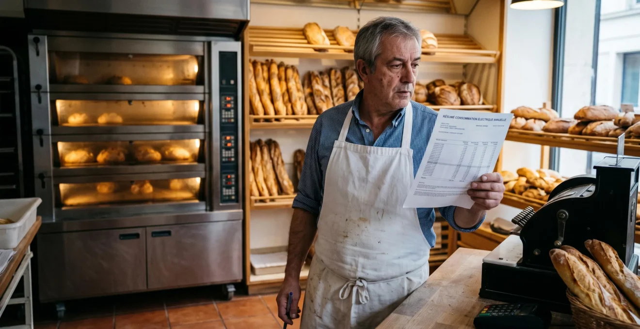 Un boulanger français debout à son comptoir consulte un document de consommation électrique près de son four, dans sa boulangerie.