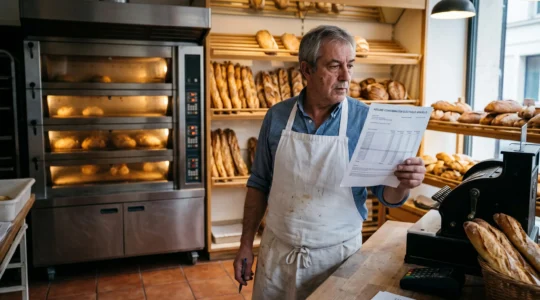 Un boulanger français debout à son comptoir consulte un document de consommation électrique près de son four, dans sa boulangerie.