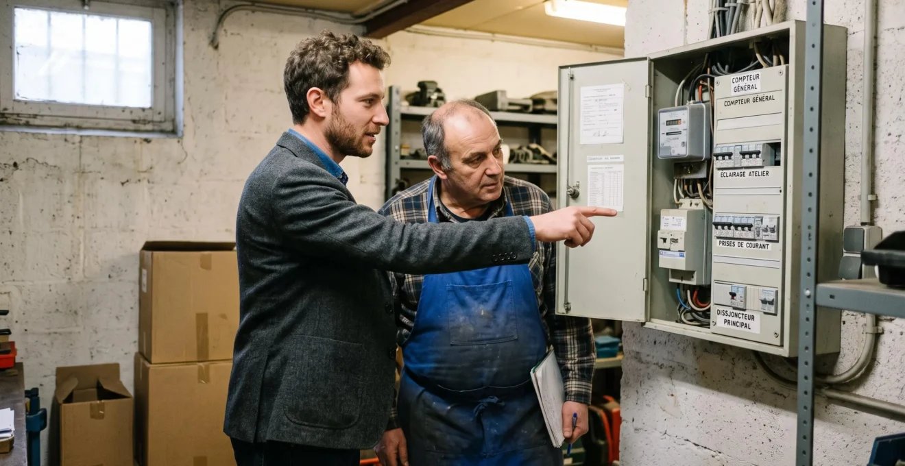 Un conseiller en énergie explique le fonctionnement d'un compteur et d'un tableau électrique à un commerçant dans son local.