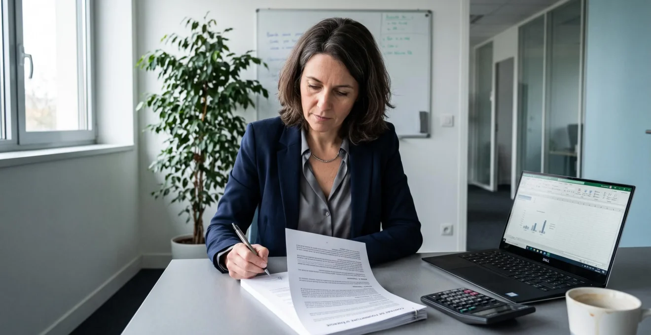 Une dirigeante d'entreprise relit attentivement un contrat d'énergie imprimé, un stylo à la main, dans un bureau lumineux.