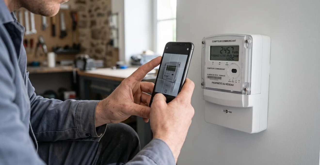 Des mains photographient l'écran d'un compteur électrique communicant affichant une consommation en kWh, dans un local professionnel.