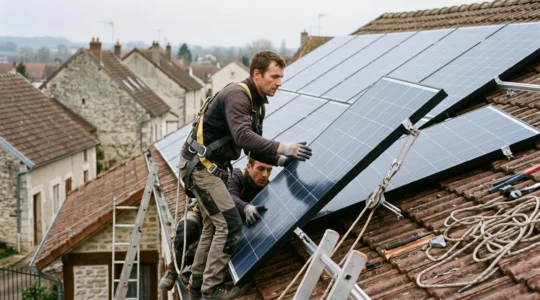Deux techniciens démontent un panneau photovoltaïque sur le toit d'une maison en France.